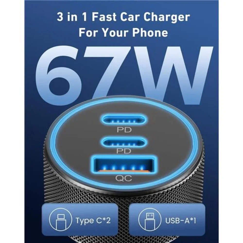 USB C Car Charger, 3-Port 67W Dual USB-C & USB-A Car Power Adapter PD/QC Fast